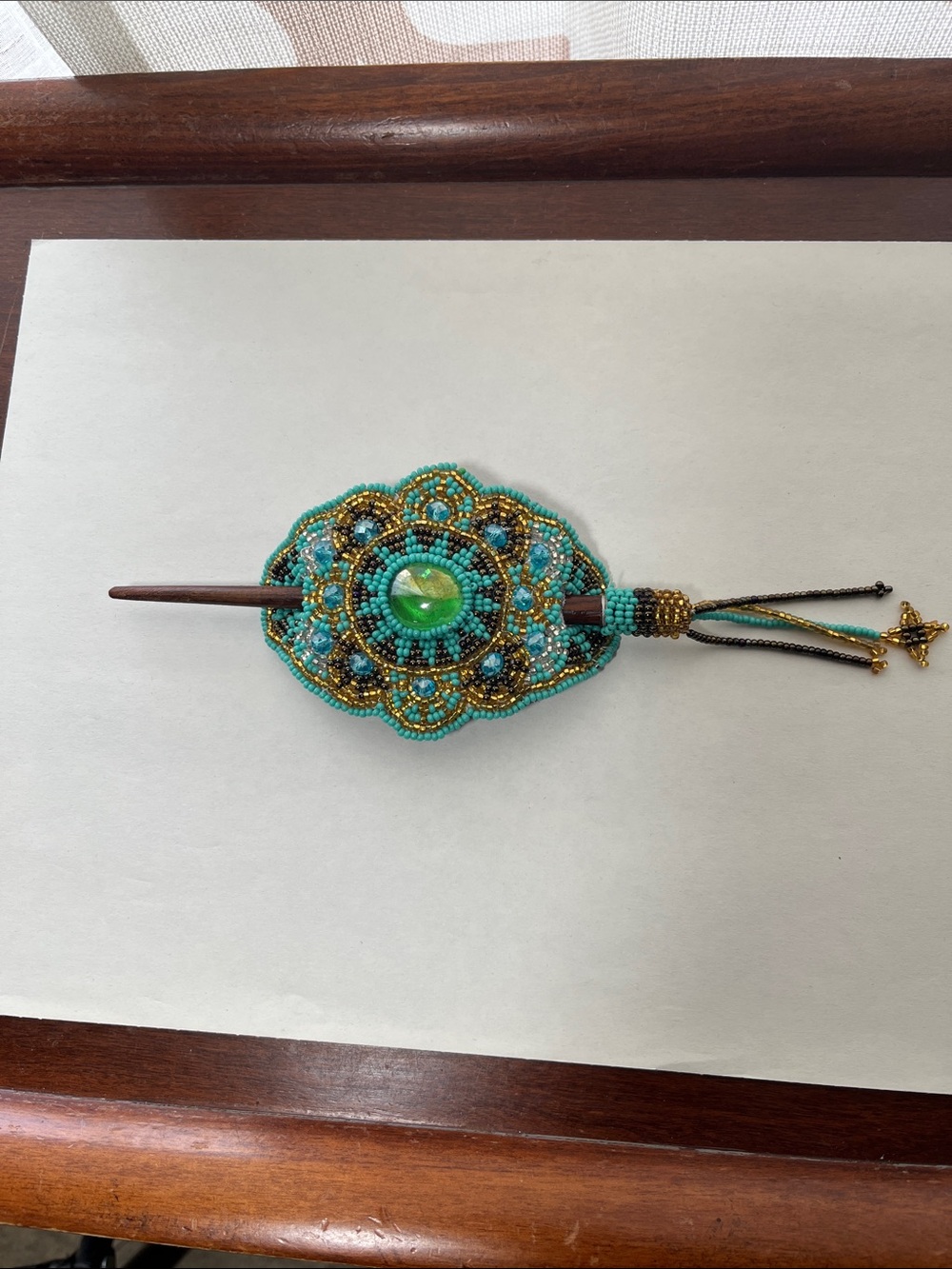 Beaded Turquoise & Gold Hair Stick with Central Green Cabochon